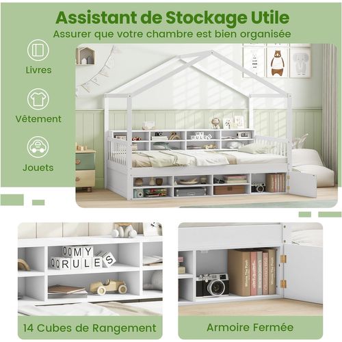 Lit Cabane Enfant 90x200 Cm, Lit D'enfants En Bois Avec 14 Cubes De Rangement Et Armoire, Blanc