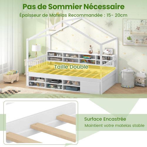 Lit Cabane Enfant 90x200 Cm, Lit D'enfants En Bois Avec 14 Cubes De Rangement Et Armoire, Blanc