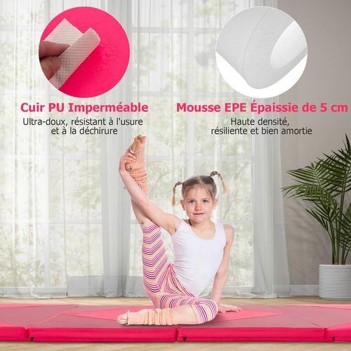 Tapis De Gymnastique Pliable Epais, Matelas D'entrainement En Mousse Et Pu (rose Et Rouge)