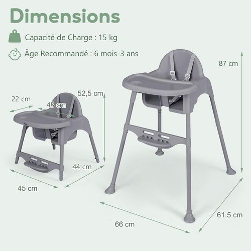 4 En 1 Chaise Haute Bébé Evolutive, 6-36 Mois, Charge 15 Kg, Chaise Bébé Convertible (gris)