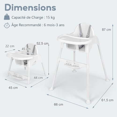 4 En 1 Chaise Haute Bébé Evolutive, 6-36 Mois, Charge 15 Kg, Chaise Bébé Convertible (blanc)