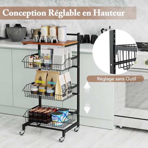 Chariot De Rangement à Roulettes, Desserte 4 Niveaux, Paniers Réglables En Hauteur, 40 × 31 × 88 Cm