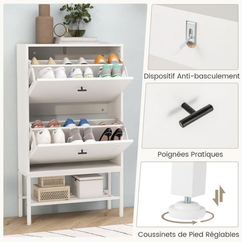 Meuble à Chaussure 18 Paires, Armoire à Chaussures 2 Portes, Étagère Amovible, 60 × 24 × 106cm Blanc