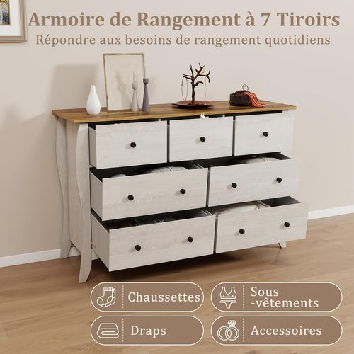 Commode Chambre 120 Cm, Commode 7 Tiroirs En Tissu Pliable, Design Incurvé, Plateau En Bois