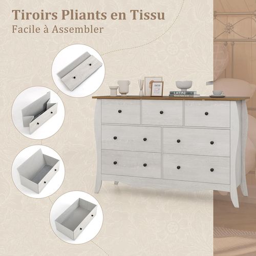 Commode Chambre 120 Cm, Commode 7 Tiroirs En Tissu Pliable, Design Incurvé, Plateau En Bois