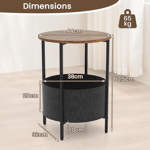 Table D’appoint Ronde, Bout De Canape Avec Panier Amovible En Tissu, Cadre En Métal, Marron Rustique
