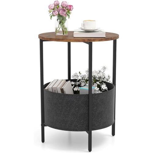Table D’appoint Ronde, Bout De Canape Avec Panier Amovible En Tissu, Cadre En Métal, Marron Rustique