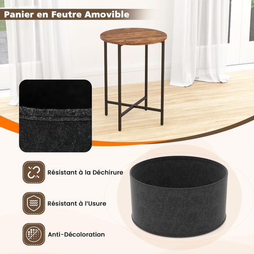 Table D’appoint Ronde, Bout De Canape Avec Panier Amovible En Tissu, Cadre En Métal, Marron Rustique