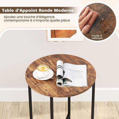 Table D’appoint Ronde, Bout De Canape Avec Panier Amovible En Tissu, Cadre En Métal, Marron Rustique