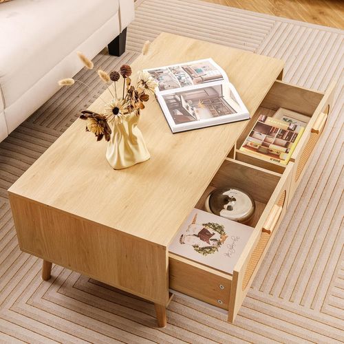 Table Basse Bois, Table Basse Rotin Cannage Avec 2 Tiroirs, Compartiment, Naturel, 100 X 50 X 41 Cm