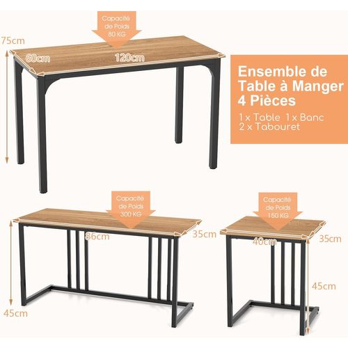 Ensemble De Table à Manger 4 Pièces, Table à Manger Industrielle Avec Banc Et 2 Tabourets(naturel)