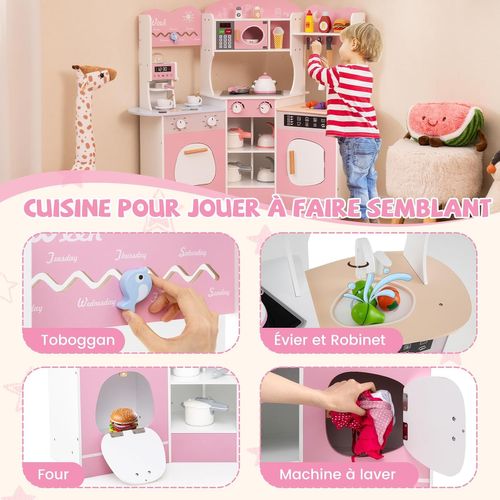 Cuisine Enfants En Bois Avec 18 Accessoires Et Machine à Café, Cuisine D’angle Enfants (rose)