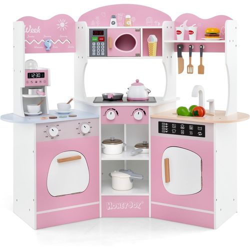 Cuisine Enfants En Bois Avec 18 Accessoires Et Machine à Café, Cuisine D’angle Enfants (rose)