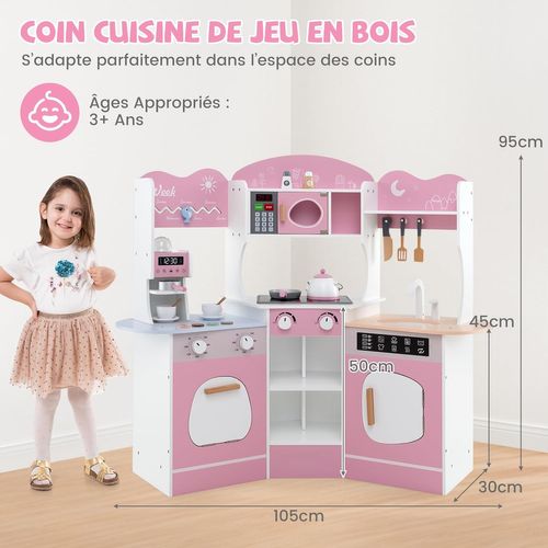 Cuisine Enfants En Bois Avec 18 Accessoires Et Machine à Café, Cuisine D’angle Enfants (rose)