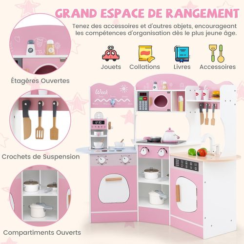 Cuisine Enfants En Bois Avec 18 Accessoires Et Machine à Café, Cuisine D’angle Enfants (rose)