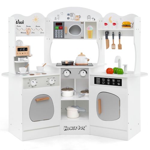 Cuisine Enfants En Bois Avec 18 Accessoires Et Machine à Café, Cuisine D’angle Enfants (blanc)