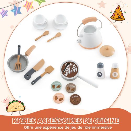 Cuisine Enfants En Bois Avec 18 Accessoires Et Machine à Café, Cuisine D’angle Enfants (blanc)