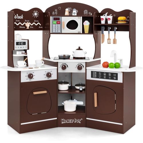 Cuisine Enfants En Bois Avec 18 Accessoires Et Machine à Café, Cuisine D’angle Enfants (marron)