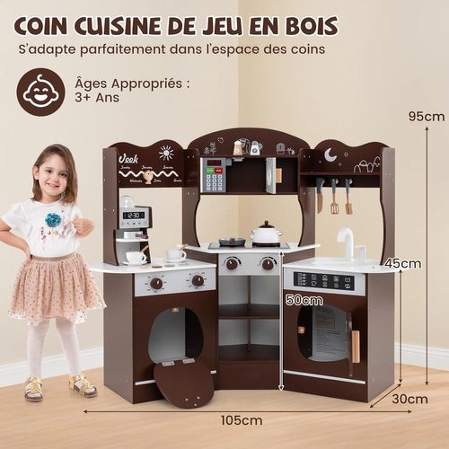 Cuisine Enfants En Bois Avec 18 Accessoires Et Machine à Café, Cuisine D’angle Enfants (marron)