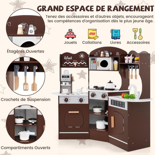 Cuisine Enfants En Bois Avec 18 Accessoires Et Machine à Café, Cuisine D’angle Enfants (marron)