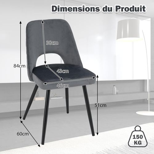 Chaises De Salle à Manger Lot De 2, Chaise Velour Avec Dossier Creux, Pieds En Métal, Gris