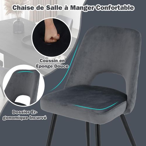 Chaises De Salle à Manger Lot De 2, Chaise Velour Avec Dossier Creux, Pieds En Métal, Gris