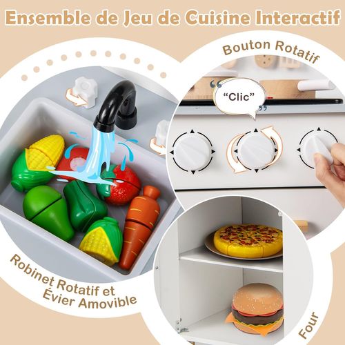 Cuisine Enfant En Bois Avec Lumière Et Son Et 10 Accessoires(blanc)