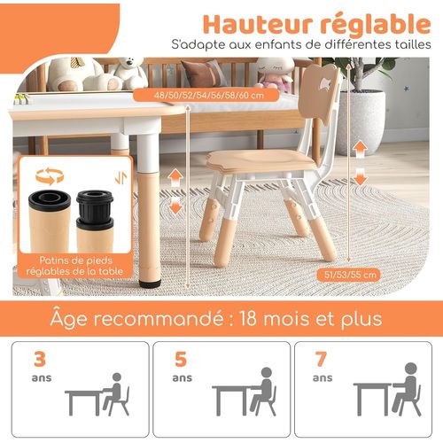 Table Enfant 120x60cm Et 4 Chaises Avec Plateau Graffiti Et Hauteur Réglable, Naturel