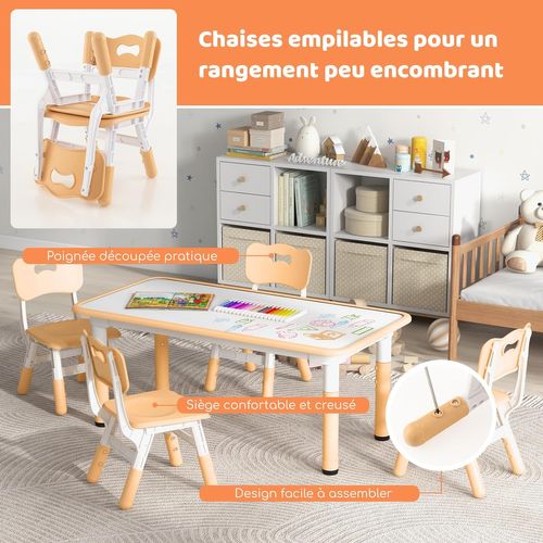 Table Enfant 120x60cm Et 4 Chaises Avec Plateau Graffiti Et Hauteur Réglable, Naturel