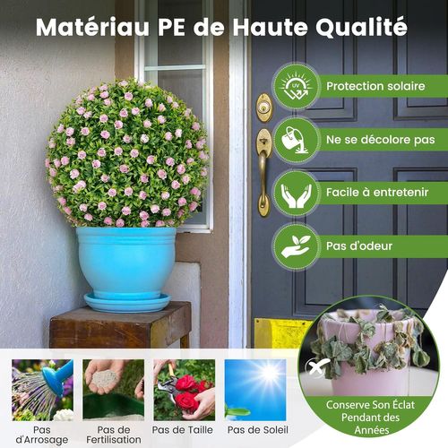 2 Boules Topiaires Artificielles 37 Cm Avec Des Fleurs Rose, Plantes De Faux En Boules