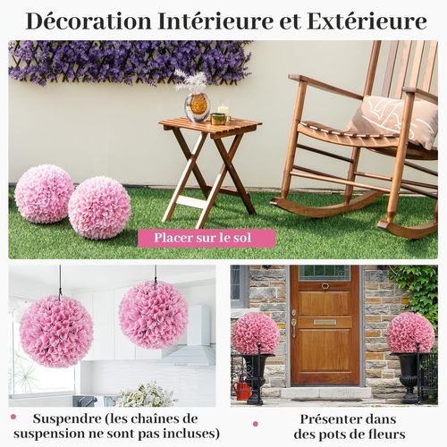 2 Boules De Buis Artificielles De 28 Cm Avec Des Fleurs, Plantes De Faux En Boules, Rose