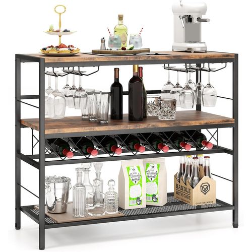 Casier à Vin Autoportant à 4 Niveaux, Table De Bar à Vin De 104 Cm Avec Rangement