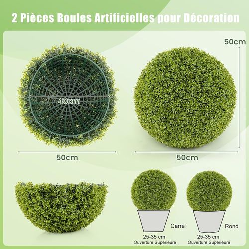 2 Boules De Buis Artificielles 50 Cm Résistantes Aux Uv, Plantes En Boules, Vert