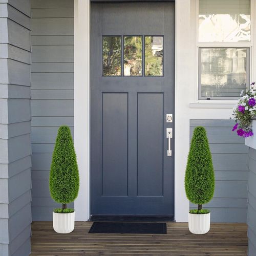 Lot De 2 Arbres Arbustes De Cèdre Artificiel 90 Cm En Forme De Larme, Fausse Plante Topiaire En Pot