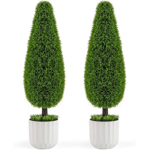 Lot De 2 Arbres Arbustes De Cèdre Artificiel 90 Cm En Forme De Larme, Fausse Plante Topiaire En Pot