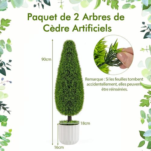 Lot De 2 Arbres Arbustes De Cèdre Artificiel 90 Cm En Forme De Larme, Fausse Plante Topiaire En Pot