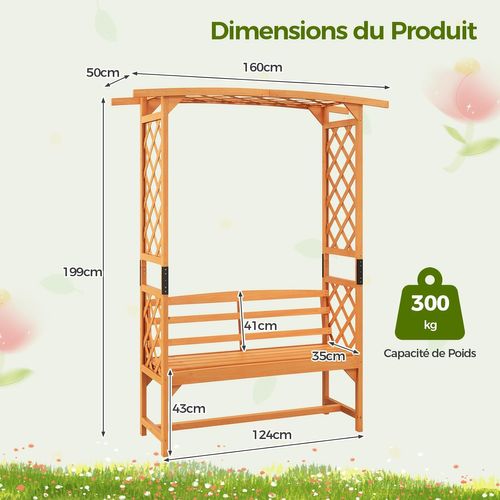 Arche De Jardin Pour Plantes Grimpantes Avec Banc 2 Places à Charge 300 Kg (160 X 50 X 199 Cm)