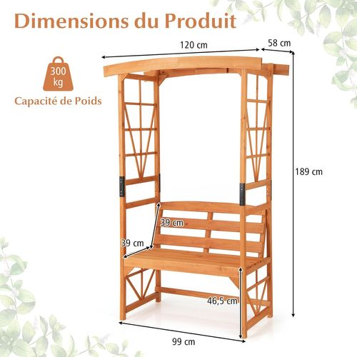 Arche De Jardin Pour Plantes Grimpantes Avec Banc 2 Places à Charge 300 Kg (120 X 58 X 189 Cm)