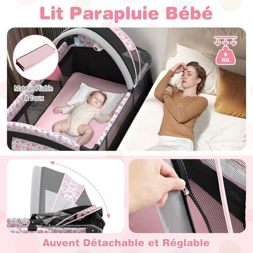 Lit Parapluie Bébé Avec Matelas Et Table à Langer Escamotable, Lit Bébé Évolutif (fleurs Roses,noir)