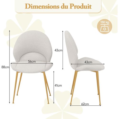 Chaise Salle à Manger Lin Lot De 2, Chaise Tissu Rembourrés, Dossier Incurvé, Capacité 150 Kg