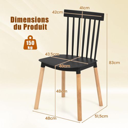 Chaise Salle à Manger Bois Lot De 4, Chaise Bois Windsor, Siège Incurvé, Patin Antidérapant (noir)