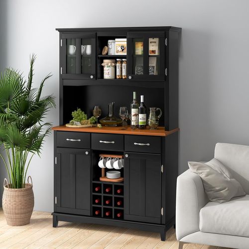 Buffet Cuisine 185 Cm, Armoire Cuisine 3 Tiroirs Et 4 Placards à Porte, Support Pour Micro-onde Noir