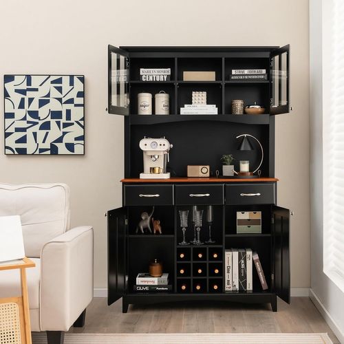 Buffet Cuisine 185 Cm, Armoire Cuisine 3 Tiroirs Et 4 Placards à Porte, Support Pour Micro-onde Noir