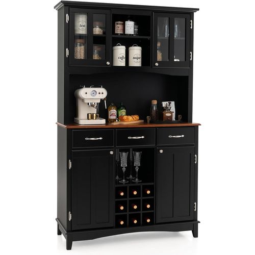 Buffet Cuisine 185 Cm, Armoire Cuisine 3 Tiroirs Et 4 Placards à Porte, Support Pour Micro-onde Noir