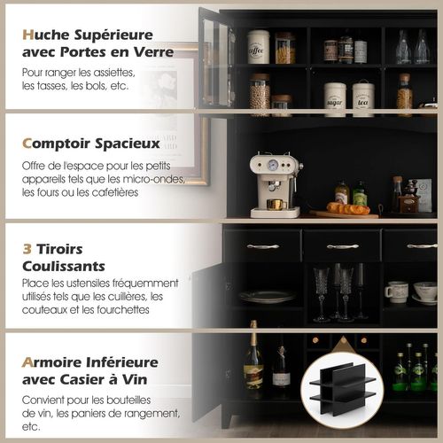 Buffet Cuisine 185 Cm, Armoire Cuisine 3 Tiroirs Et 4 Placards à Porte, Support Pour Micro-onde Noir