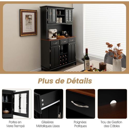 Buffet Cuisine 185 Cm, Armoire Cuisine 3 Tiroirs Et 4 Placards à Porte, Support Pour Micro-onde Noir