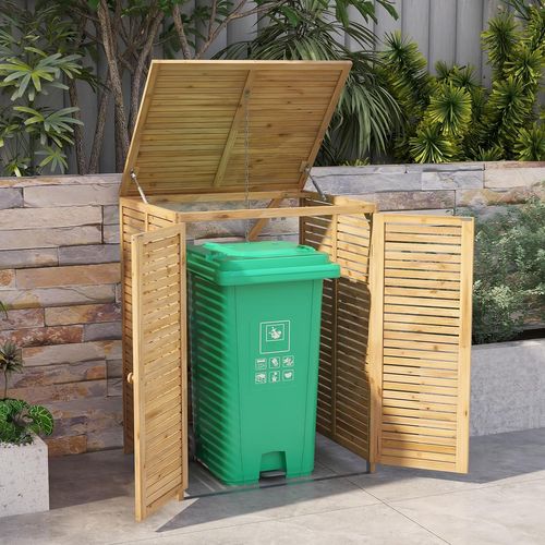Cache Poubelle Exterieur 120 L, Abri Poubelle Exterieur Bois Avec Couvercle Relevable, Naturel