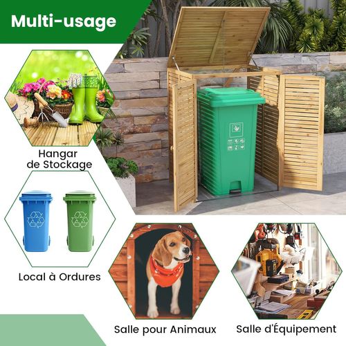 Cache Poubelle Exterieur 120 L, Abri Poubelle Exterieur Bois Avec Couvercle Relevable, Naturel