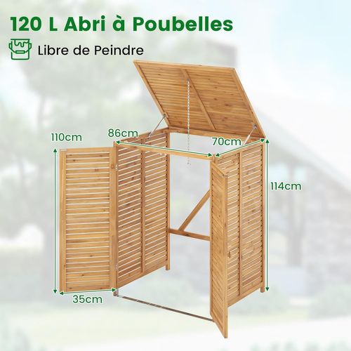 Cache Poubelle Exterieur 120 L, Abri Poubelle Exterieur Bois Avec Couvercle Relevable, Naturel