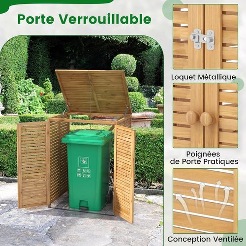 Cache Poubelle Exterieur 120 L, Abri Poubelle Exterieur Bois Avec Couvercle Relevable, Naturel